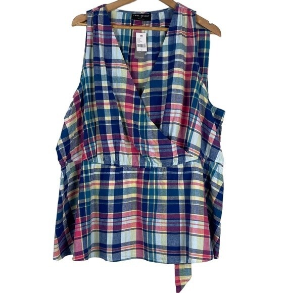 Lane Bryant Classic Surplice-Neck Belted Top 22 NEW Plaid Halter‎ Linen Cotton - Picture 2 of 14